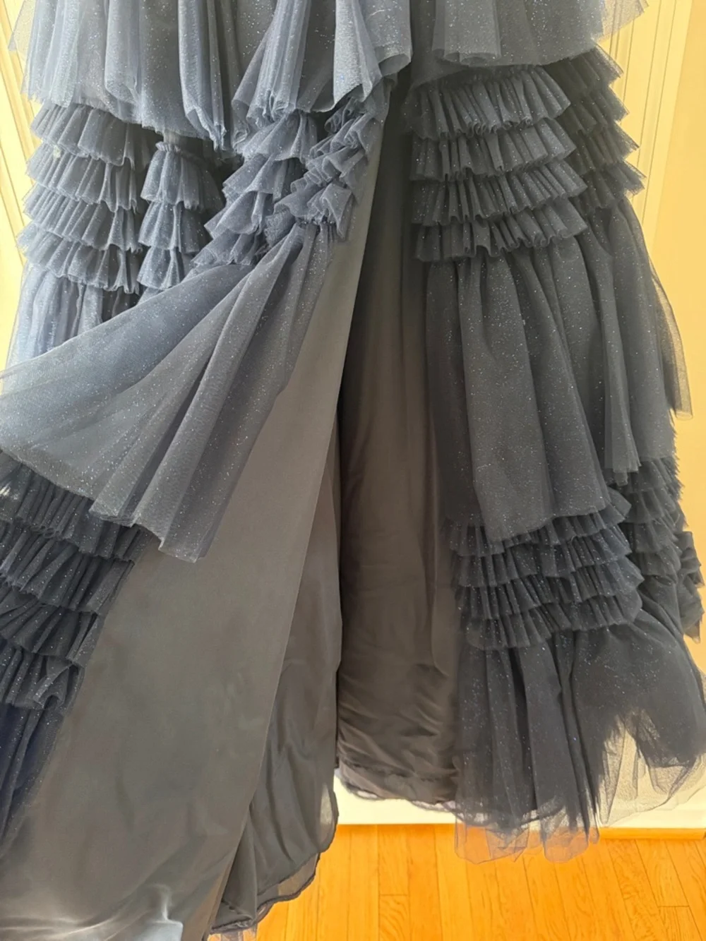 Sherri Hill Navy Layered Ruffle Tulle Prom Gown - Size 0 - Picture 2 of 13